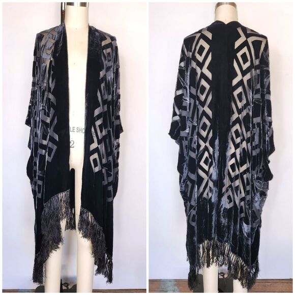 Crushed VELVET Fringed Duster Cloak Cape Flapper Shawl Piano - OS - Picture 2 of 10